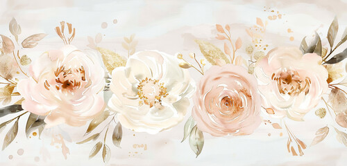 Classy ivory & blush watercolor with gold leaf detailing panoramic.