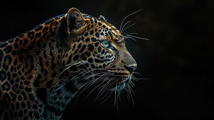 Obraz premium An atmospheric photo capturing the fierce beauty of a leopard against a dark black background, with its distinctive markings and piercing eyes creating a mesmerizing scene in breathtaking.
