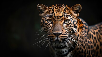 Obraz premium An inspiring shot showcasing the intricate details of a leopard's coat against a deep black background, with its piercing eyes adding to the mystique of this beautiful predator in stunning.