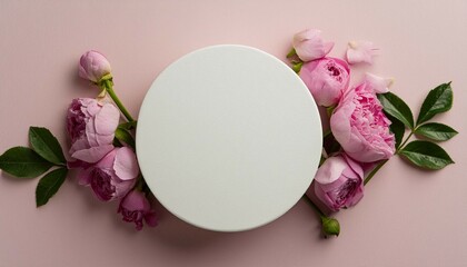 Mother's Day concept. Top view photo of white circle and natural flowers pink peony rose buds on isolated light pink background with empty space. International Woman Day, Valentine Day