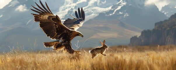eagle catching rabbit and glides over mountains, evoking a sense of freedom and untamed wilderness