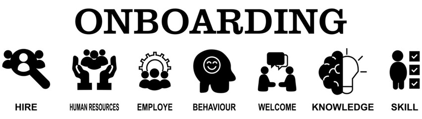 Onboarding Banner with icons. vector icons of Hire, Human Resources, Employee, Behavior, Welcome, Knowledge, and Skills. Vector Illustration