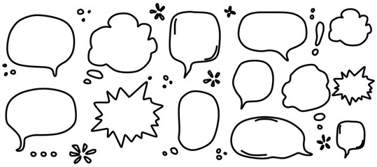 Hand drawn speech bubble set. Sketch comic doodle style speech bubble for text quote. Doodle outline dialog balloon. Vector illustration