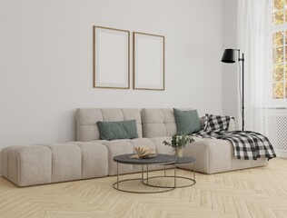 Mockup poster empty frame, living room interior, background, 3d rendering.