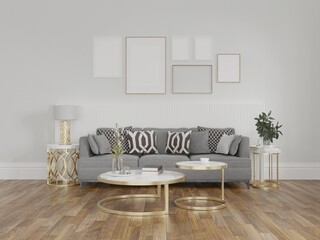 Frame interior, mockup frame, poster wood living room in empty picture interior in illustration 3d rendering.