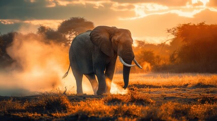 Fototapeta premium A captivating photo capturing the tranquility of an African elephant as it walks through the serene landscapes of National Park.