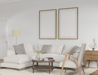 Mockup poster empty frame, scandinavian room interior, background, 3d rendering.