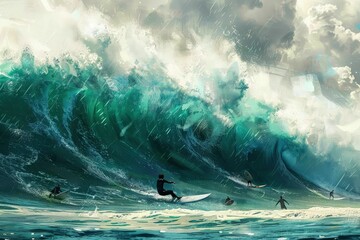 a painting of people surfing on a large wave