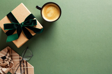 Flat lay holiday concept with gift box, tie, and coffee cup on a green background. Fathers Day,...