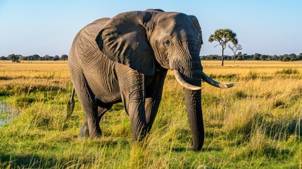 Obraz premium A majestic African elephant, Loxodonta africana, strolls gracefully through Chobe National Park in Botswana, its trunk swaying gently in the warm sunshine, creating a breathtaking 8K.