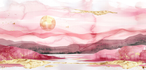 Luxurious pink & gold watercolor landscapes.