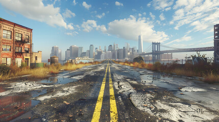 Obraz premium Concrete road with city skyline commercial building background