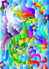 Stained glass illustration with a bright cartoon dragon on a blue background