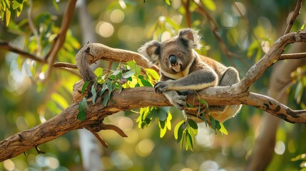 Obraz premium An inspiring image showcasing the tranquility of a koala bear in its natural habitat, peacefully seated on a tree branch and nibbling on leaves, making it a serene choice for a 4K wallpaper. 