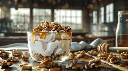 a glass bowl with layers of yogurt, honey and walnuts.