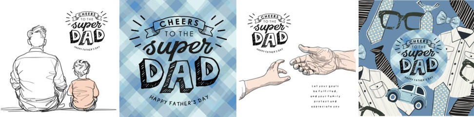 Happy Father's Day. Line art. Vector minimalistic cute illustrations of dad and son, baby and father's hands, logo, plaid fabric for background and pattern for greeting card, postcard, poster or flyer