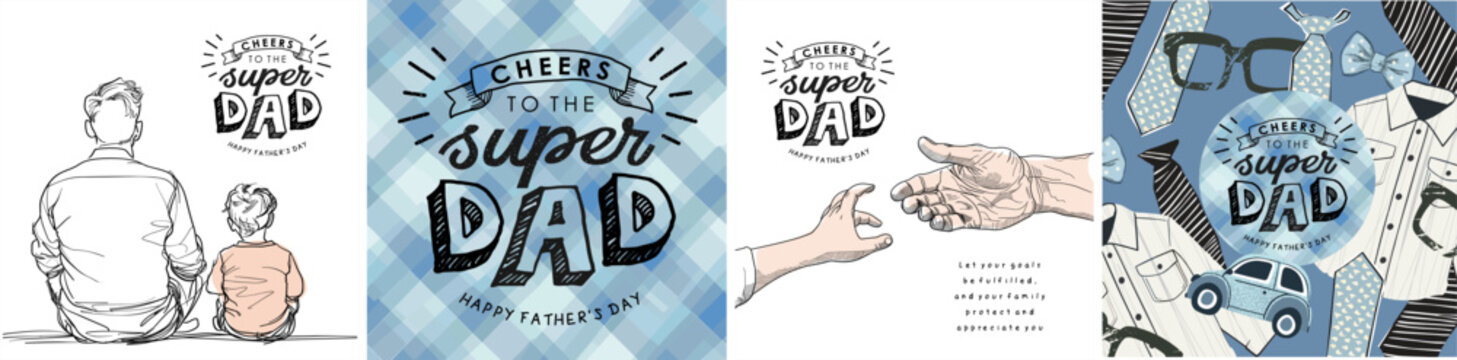 Happy Father's Day. Line art. Vector minimalistic cute illustrations of dad and son, baby and father's hands, logo, plaid fabric for background and pattern for greeting card, postcard, poster or flyer