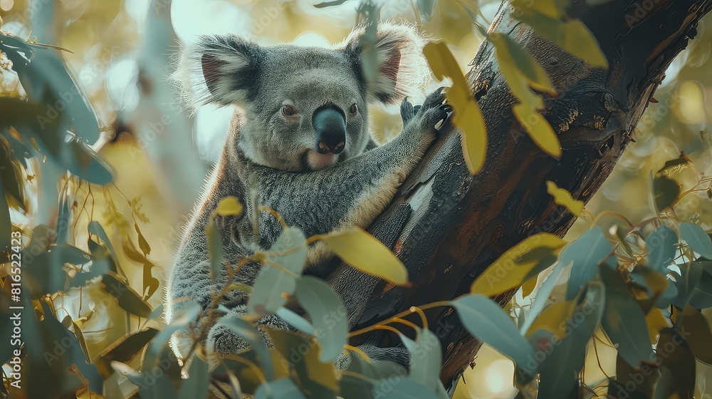 Wall mural An atmospheric image capturing the tranquility of a koala bear in its natural habitat, perched on a tree branch and enjoying a meal of eucalyptus leaves. - Wall murals
