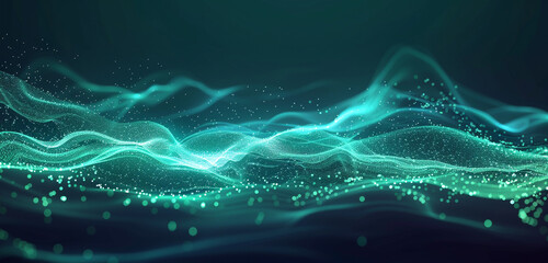 Luminous jade neon wave pattern with particles on expansive backdrop.
