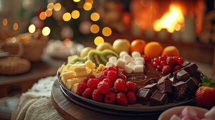 A plate of fruit and marshmallows with chocolate for fondue. There is a Christmas tree and fireplace in the background.