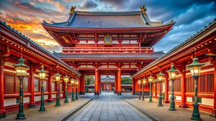 Picture of the entrance to Sensoji Temple. Japan with beautiful red lanterns lined up