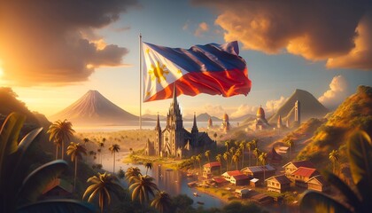 Realistic illustration for philippines independence day with the philippine flag waving proudly with a backdrop of iconic symbols.