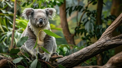 Obraz premium An inspiring shot capturing the charm of a koala bear as it sits on a branch, contentedly munching on leaves against the backdrop of lush foliage, making it an ideal choice for a stunning wallpaper. 
