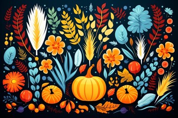 Harvest festival flat design top view autumn celebration theme cartoon drawing triadic color scheme