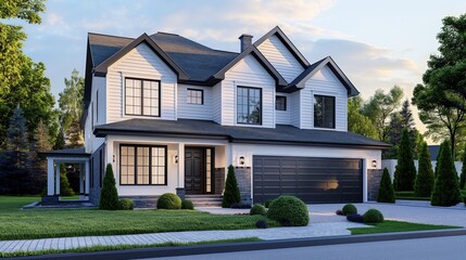 A huge white house with a black garage door.