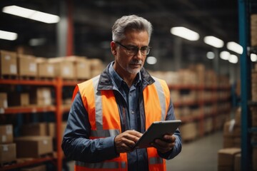 Male accountant in warehouse with tablet checking report and making bookkeeping