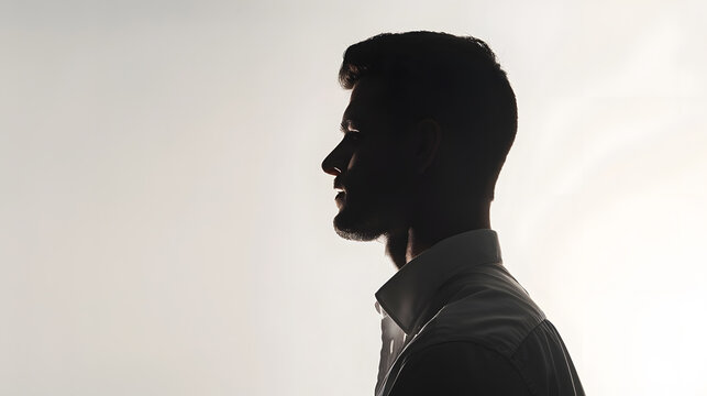 European silhouette of man in profile from behind in business shirt looking to side isolate on white : Generative AI