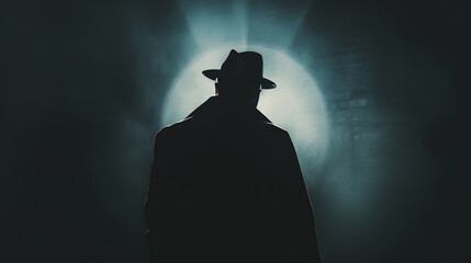 A dark silhouette of a male detective in a coat and hat in the noir style A dramatic portrait in the style of detective films of the 1950s The silhouette of a spy in a circle of light  : Generative AI