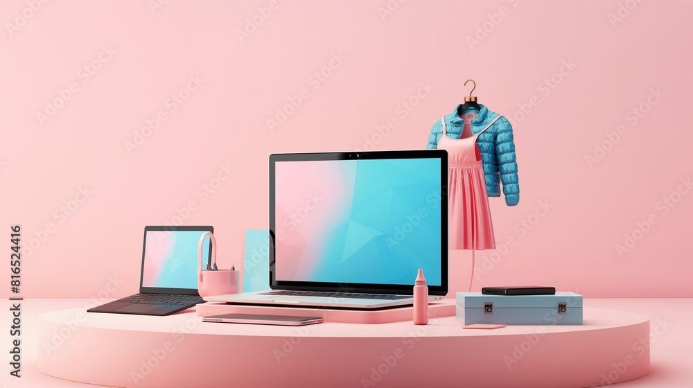Poster vertical image of a laptop computer with a blank screen on pink desk.
