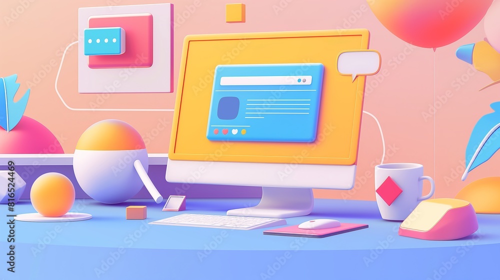 Poster vertical image of a laptop computer with a blank screen on pink desk.
