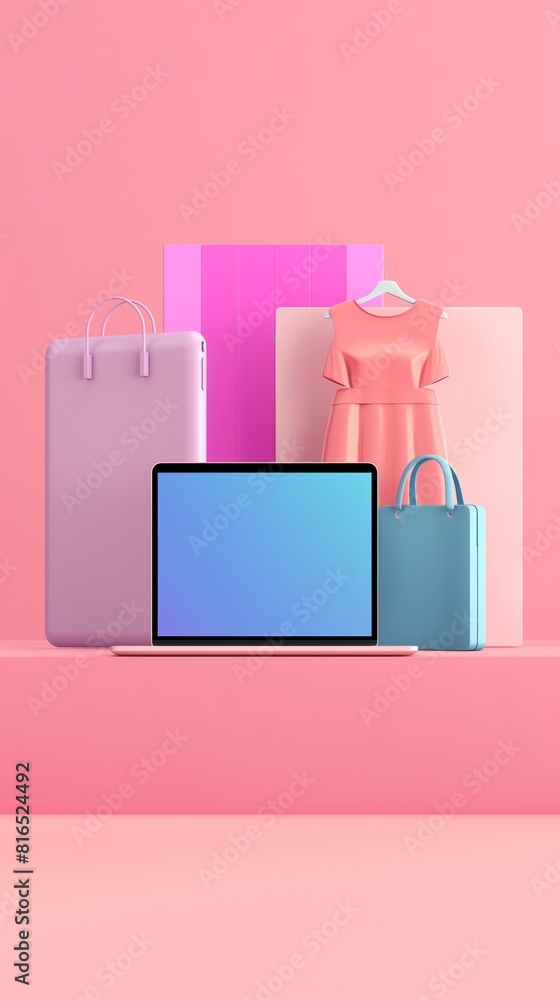 Poster vertical image of a laptop computer with a blank screen on pink desk.