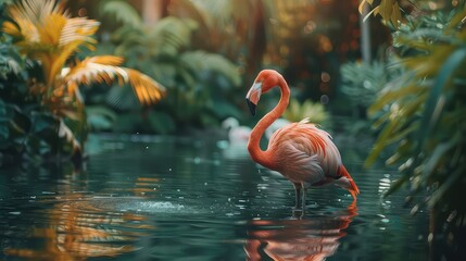 Fototapeta premium An inspiring image featuring a flamingo in its natural habitat, with the picturesque beauty of the surroundings making it an excellent choice for a high-resolution 4K wallpaper.