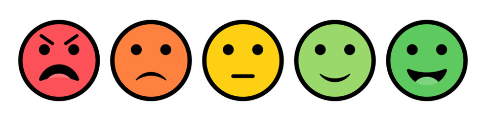 Rating emoji set for customer feedback or product experience in colorful style with strokes