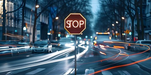 Busy urban street at night with bright stop sign amidst traffic. Concept Urban Night Scenes, Stop Sign Photography, Busy City Life, Traffic Lights, Street Photography