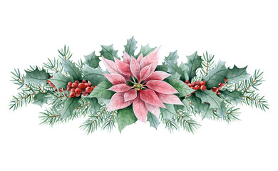 Poinsettia Christmas flower with pine tree branches and red holly berries watercolor illustration isolated on white in retro vintage style. Floral horizontal banner for New Year 2025