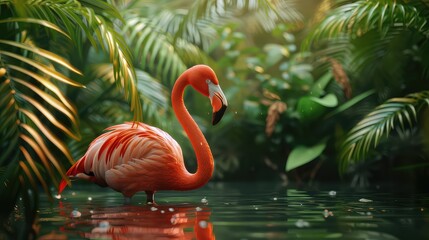 Fototapeta premium An atmospheric photo capturing the grace and beauty of a flamingo in its habitat, with the tranquil waters and vibrant vegetation serving as a stunning backdrop for a 4K wallpaper. 