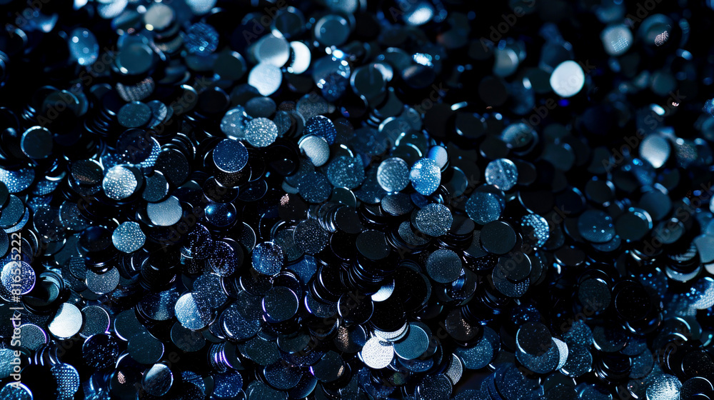 Wall mural dark blue abstract background with sequins and sparks. a backdrop with a bokeh and glare of light.