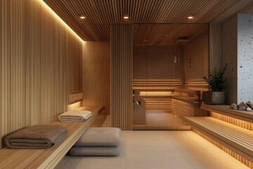a spa room with wooden walls and benches