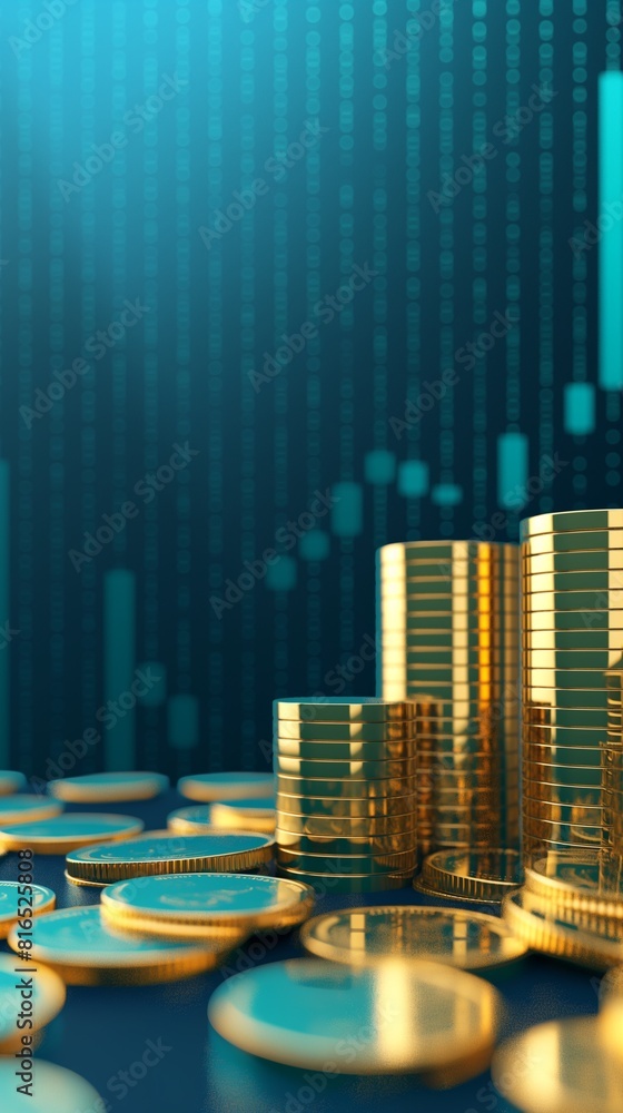 Poster vertical image of a stack of gold coins in the foreground, with an upward-trending line graph in the
