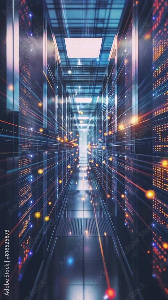 Poster a vertical image of a data center room is filled with rows of servers.