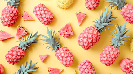 Pink pineapples on a yellow background, in the style of pop art, flat lay, top view, pattern,...