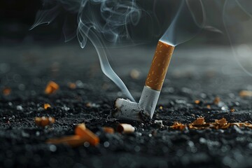 A cigarette is burning on the ground, creating smoke. World No Smoking Day concept banner with copy space. Abstract background. Generative AI