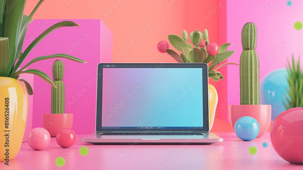 Poster a laptop computer that displays a colorful graphic image on the screen.