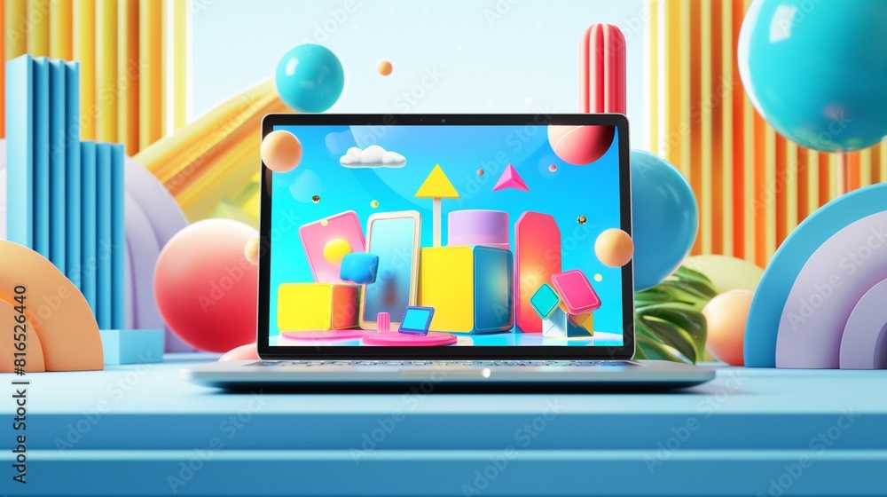 Poster a laptop computer that displays a colorful graphic image on the screen.
