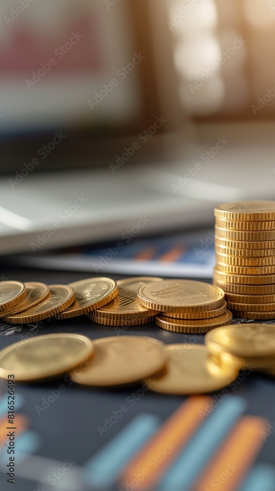 Poster vertical image of a stack of coins on a desk.