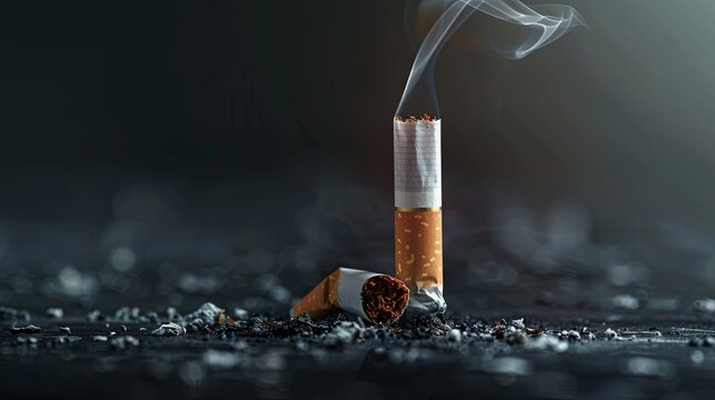 A lit cigarette emitting smoke on the ground, against a dark gray backdrop. Ideal for World No Smoking Day concept banners. Generative AI